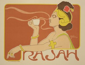 Reprodução de um cartaz anunciando o &39;Cafe Rajah&39;, de 1897